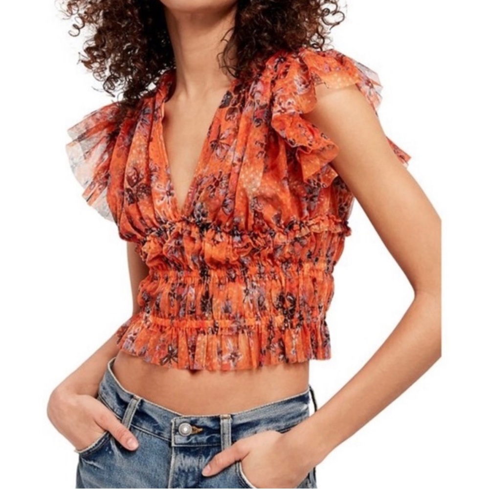 Free People sheer top with orange and purple print
